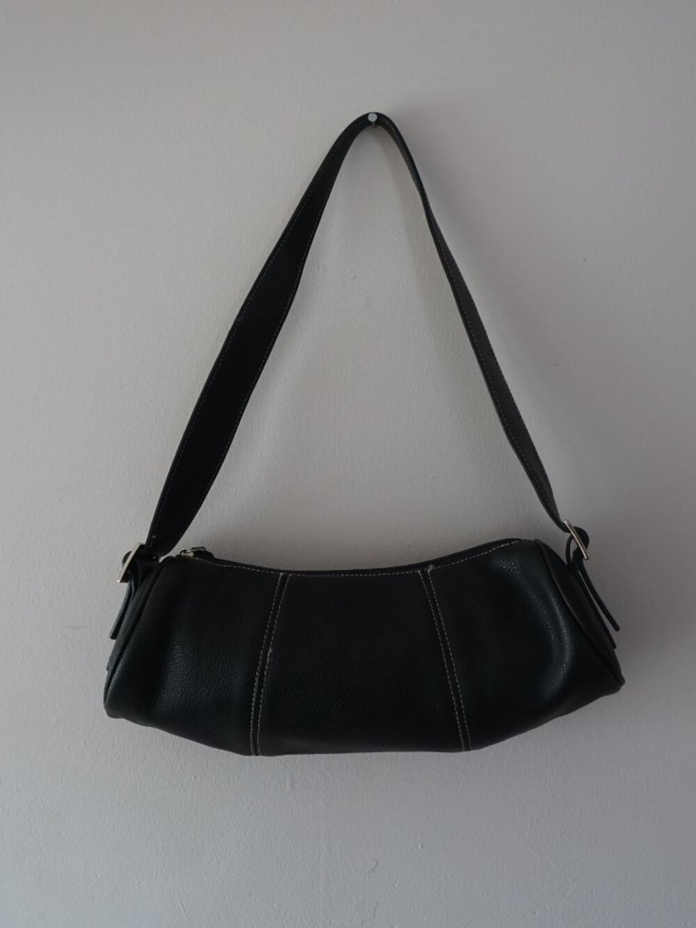 Faux Leather Black Baguette Shoulder Bag with Silver Detail